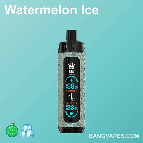 Un appareil à vapoter étiqueté « Watermelon Ice » avec un corps texturé vert clair, un capuchon noir et la marque « Bang King ». L'arrière-plan est bleu sarcelle, avec des icônes de pastèque et de glaçon. Le site Web « BANGVAPES.COM » est affiché.