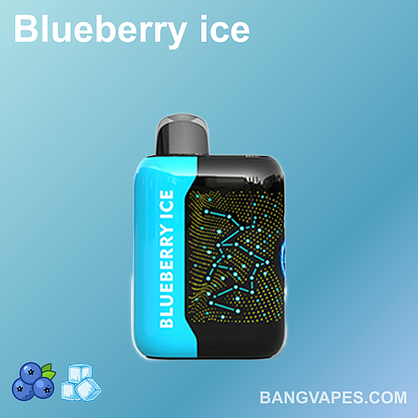 Un appareil de vapotage compact étiqueté « Blueberry Ice » avec un design noir et bleu, présentant un motif en forme de constellation sur le devant.