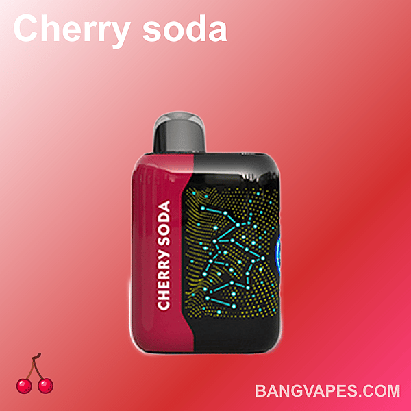 Appareil à vapotage au soda à la cerise avec un design noir et rouge, doté d'un motif lumineux en forme de circuit et du texte « BANGVAPES.COM » en bas.
