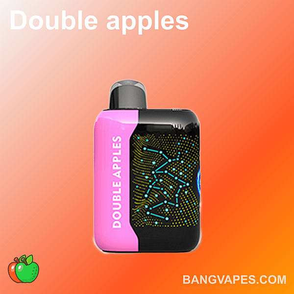 Un appareil de vapotage compact et coloré étiqueté « Double Apples » avec un design rose et noir, affiché sur un fond orange dégradé.