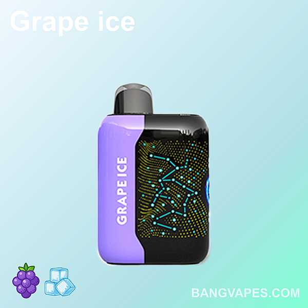 Un appareil de vapotage compact avec une étiquette « Grape Ice », présentant un design violet et noir avec des motifs abstraits lumineux sur la partie noire, sur fond dégradé bleu clair.