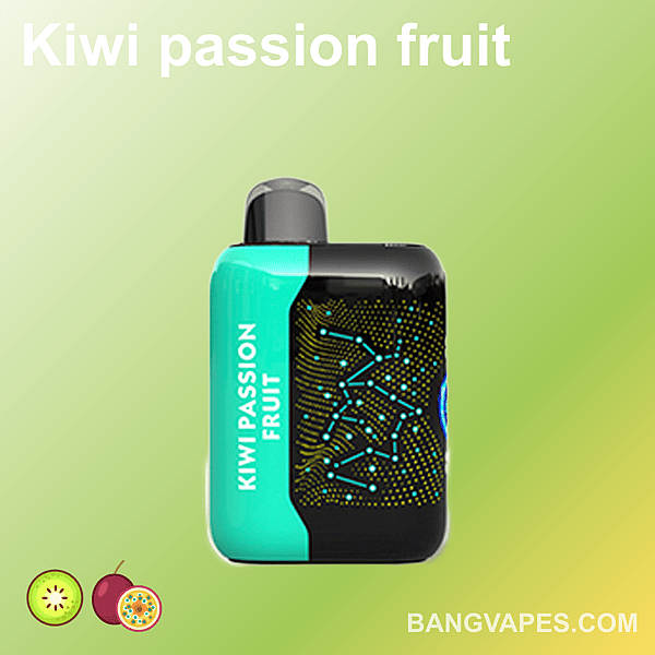 Een Kiwi Passion Fruit vape-apparaat met een zwart en turquoise ontwerp, met een sterrenbeeldpatroon en merknaam.