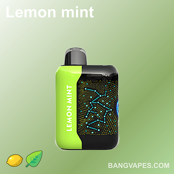 Un appareil de vapotage compact au design vert et noir étiqueté « Lemon Mint », présentant un motif en pointillés futuriste, affiché sur un fond vert clair avec des icônes de feuilles de citron et de menthe.