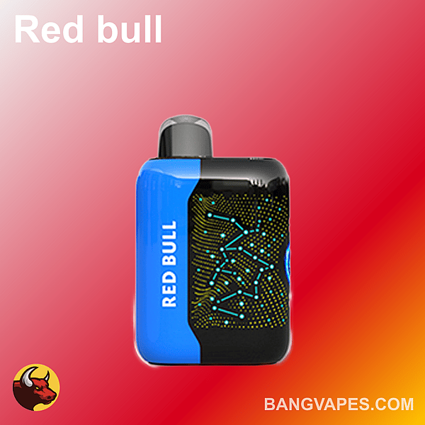 Un appareil de vapotage bleu et noir étiqueté « Red Bull » avec un motif de conception numérique, affiché sur un fond dégradé rouge avec le texte « BANGVAPES.COM » en bas.