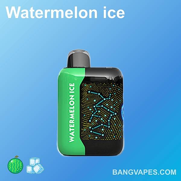 Un appareil à vapotage à la glace à la pastèque avec un design vert et noir, présentant un motif en pointillés futuriste, sur fond bleu avec le texte « Watermelon ice » et des icônes d'une pastèque et de glaçons.