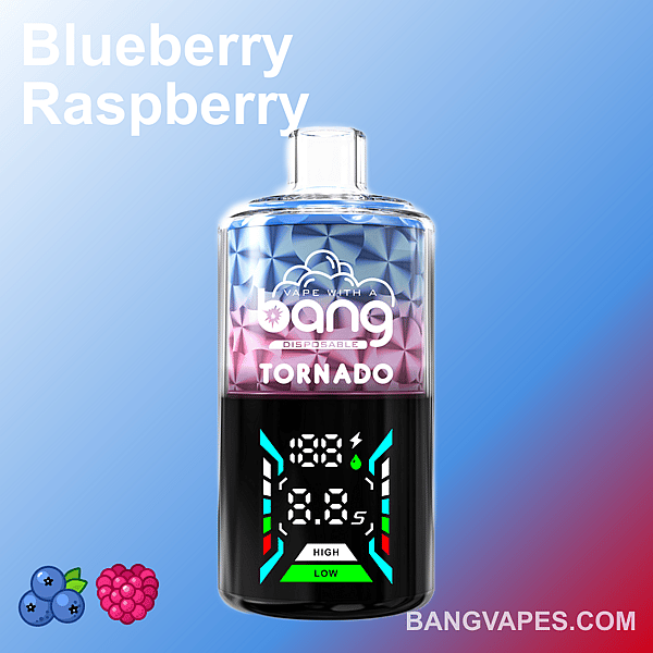 Uno svapo usa e getta Bang Tornado con un design sfumato blu e rosso, display digitale che mostra la tensione e il numero di tiri, etichetta "mirtillo lampone" e icone di frutta nella parte inferiore.