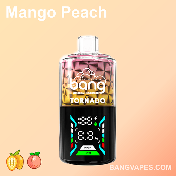 A Bang Tornado disposable vape with a yello and pink gradient design, digital display showing voltage and puff count, labeled "mango peach" and fruit icons at the bottom.