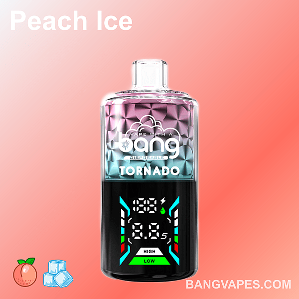 A Bang Tornado disposable vape with a red and blue gradient design, digital display showing voltage and puff count, labeled "peach ice" and fruit icons at the bottom.