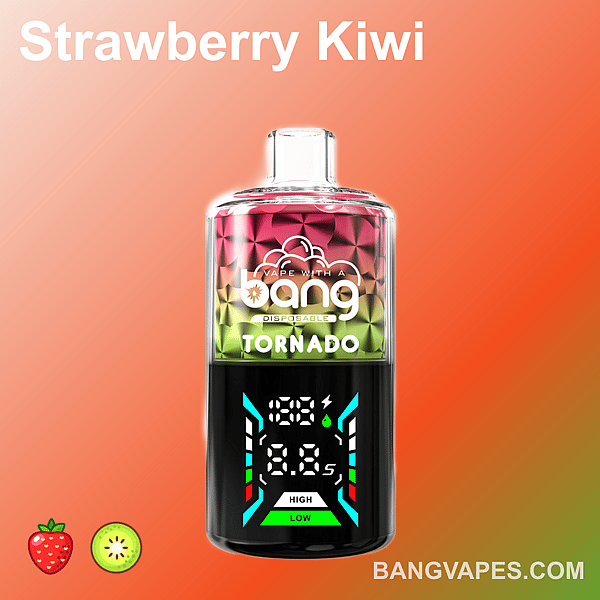 Ein Einweg-Vaporizer von Bang Tornado mit einem rot-blauen Farbverlaufsdesign, einer Digitalanzeige für Spannung und Anzahl der Züge, der Aufschrift „Strawberry Kiwi“ und Fruchtsymbolen an der Unterseite.