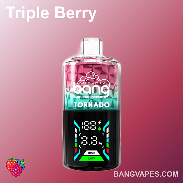 A Bang Tornado disposable vape with a red and blue gradient design, digital display showing voltage and puff count, labeled "triple berry" and fruit icons at the bottom.