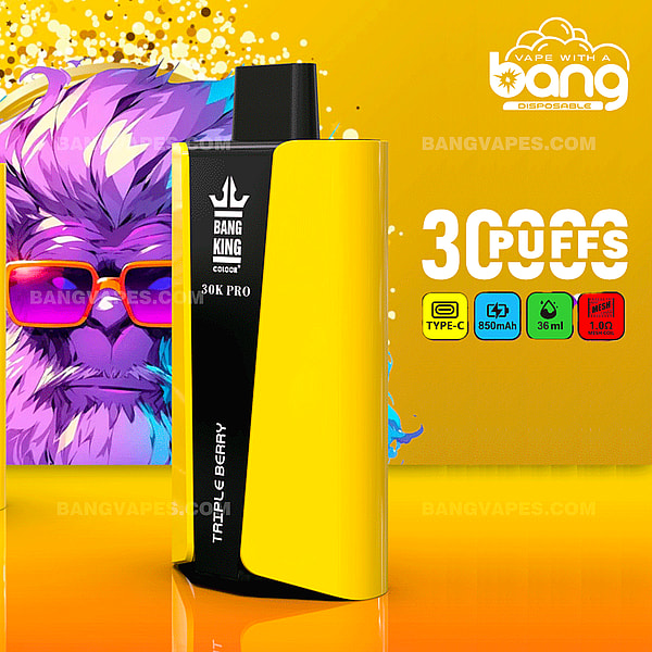 Żółte jednorazowe urządzenie do wapowania z logo „Bang King 30K Pro”, oferujące 30 000 zaciągnięć. Funkcje obejmują ładowanie typu C, baterię 850 mAh, pojemność 36 ml, grzałkę siateczkową i rezystancję 1,0 Ω.