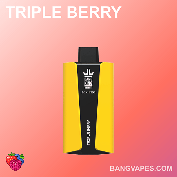 Urządzenie do waporyzacji Triple Berry Bang King 30K PRO z żółto-czarnym wzorem na różowym tle z gradientem.