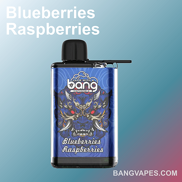 A disposable vape device with a blue design featuring a stylized dragon illustration and the text "Blueberries Raspberries" and "Bang Vapes."