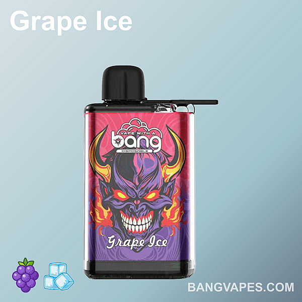 Grape Ice flavored disposable vape with a bold design featuring a purple demon face with fiery accents on the packaging.