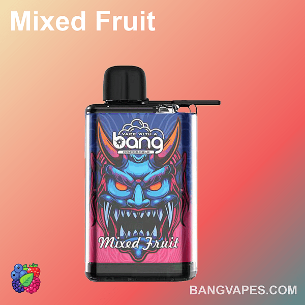 "Bang disposable vape with a mixed fruit flavor design featuring a colorful demon graphic on the packaging."