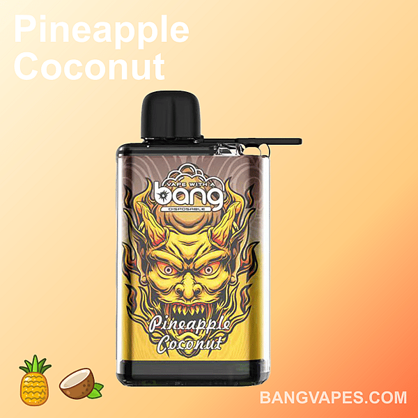 Pineapple Coconut flavored disposable vape with a striking design featuring a yellow demon face on the packaging.