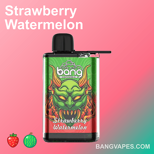 A disposable vape device with a green and red design featuring a stylized demon graphic, labeled "Strawberry Watermelon" and "Bang Vapes."