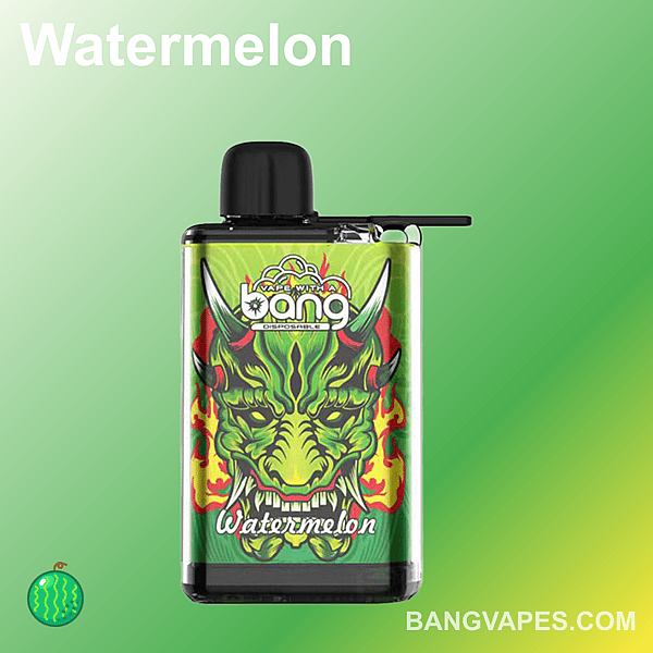 "Bang 28K Puffs Watermelon disposable vape with a vibrant green and red dragon-themed design on a green gradient background."