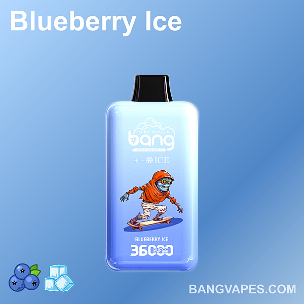 A blue-tinted vape device labeled "Blueberry Ice" featuring an illustrated character in a red hoodie skateboarding. The background is a gradient blue, and there are small icons of blueberries and ice cubes at the bottom.