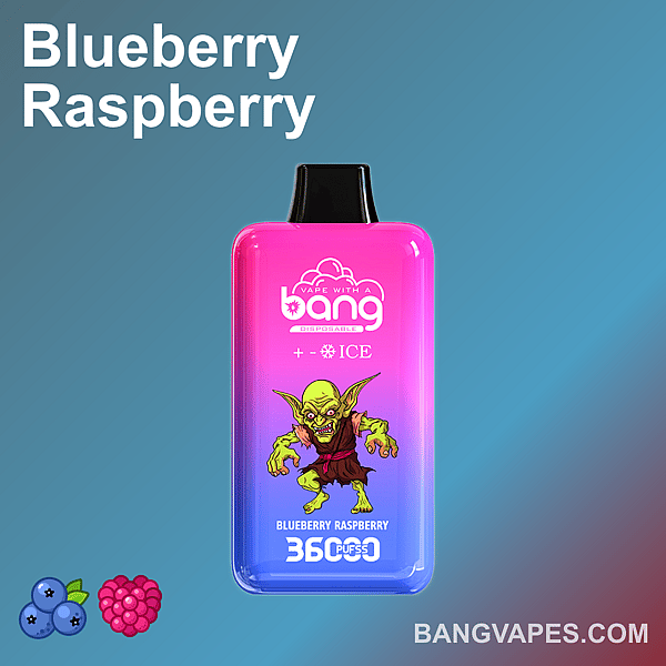 A colorful vape device labeled "Blueberry Raspberry" with a cartoon goblin character, set against a gradient background. Blueberry and raspberry icons are displayed on the left.
