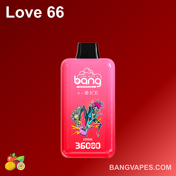 A pink disposable vape device labeled "Love 66" with colorful graphics and the text "VAPE WITH A bang" and "+ ICE" on it, set against a red background.