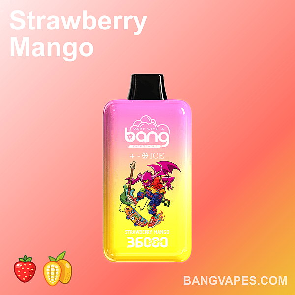 A gradient-colored vape device labeled "Strawberry Mango" with a character illustration and text indicating "3600 PUFFS" and "ICE," set against a soft pink background.
