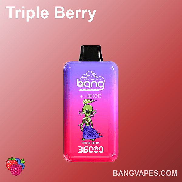 A colorful disposable vape with the label "Triple Berry" and an illustration of a green alien character, set against a gradient pink background.