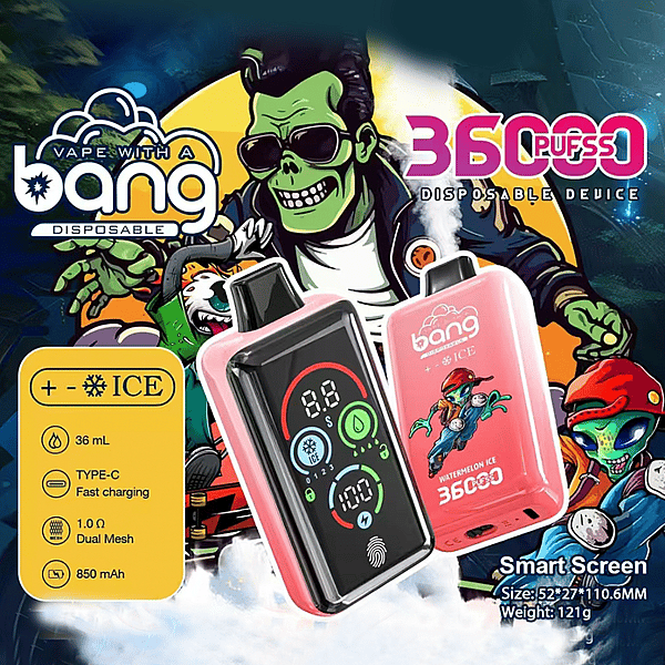 Promotional image for the Bang 36000 Puffs disposable vape device featuring vibrant graphics, a zombie character, and product details such as 36mL capacity, Type-C fast charging, dual mesh coil (1.0Ω), 850mAh battery, smart screen, and a watermelon ice flavor.