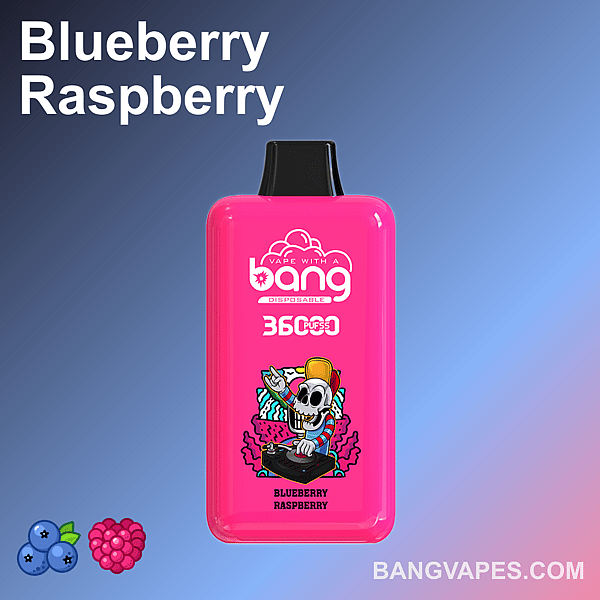 Un dispositivo per svapare usa e getta rosa brillante con marchio "Bang", etichetta "Blueberry Raspberry", raffigurante uno scheletro di DJ e con una capacità di 3600 boccate.