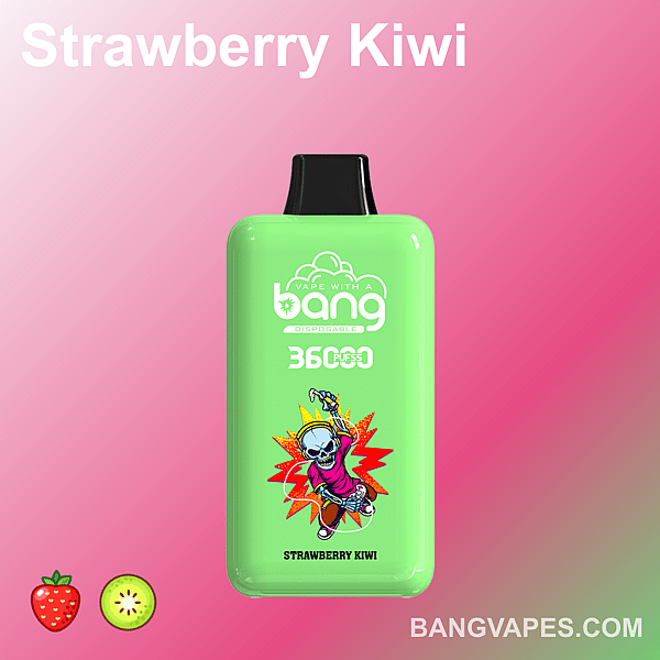 Green disposable vape device with "Bang" branding, labeled "Strawberry Kiwi" and "360 puffs," featuring a colorful graphic of a dancing skeleton on a pink gradient background.