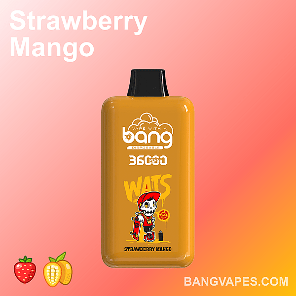 A yellow disposable vape device labeled "Bang" with "Strawberry Mango" flavor, featuring a graphic of a skateboarding skeleton in a red cap, alongside strawberries and mango icons on a gradient pink background.