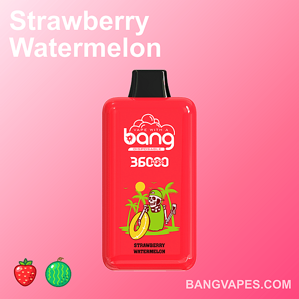 A red disposable vape device labeled "Bang" with "Strawberry Watermelon" flavor, featuring a skeleton holding a drink under a palm tree on the design.