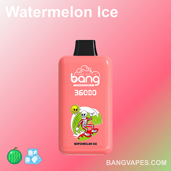 Un vaporizador desechable de color rosa con la etiqueta "Bang" y sabor a "Watermelon Ice", que presenta un diseño de esqueleto surfeando y una garantía de 360 bocanadas, sobre un fondo rosa degradado.