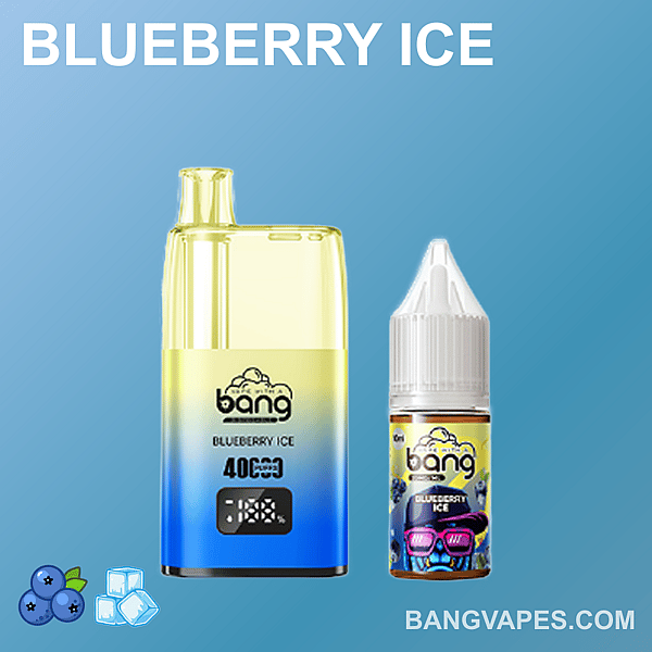 An advertisement featuring "Blueberry Ice" vape products, including a disposable vape device and a bottle of e-liquid, set against a gradient blue background with icons of blueberries and ice cubes.