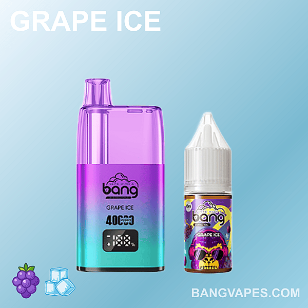 Un'immagine raffigurante un dispositivo per svapare e una bottiglia di e-liquid, entrambi etichettati "Grape Ice", con tonalità viola e blu, accompagnati da icone di uva e cubetti di ghiaccio.