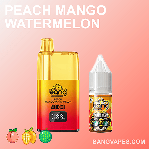 Ein Vaping-Gerät und eine Flasche E-Liquid mit der Aufschrift „Peach Mango Watermelon“ auf einem rosa Hintergrund mit Farbverlauf und kleinen Symbolen eines Pfirsichs, einer Mango und einer Wassermelone am unteren Rand.