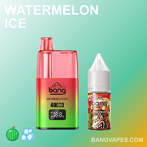 Un'immagine digitale raffigurante un prodotto per svapare al gusto di anguria, tra cui un dispositivo per svapare usa e getta rosa e verde sulla sinistra e una bottiglia di succo per svapare con l'etichetta "Watermelon Ice" sulla destra, su uno sfondo verde sfumato.