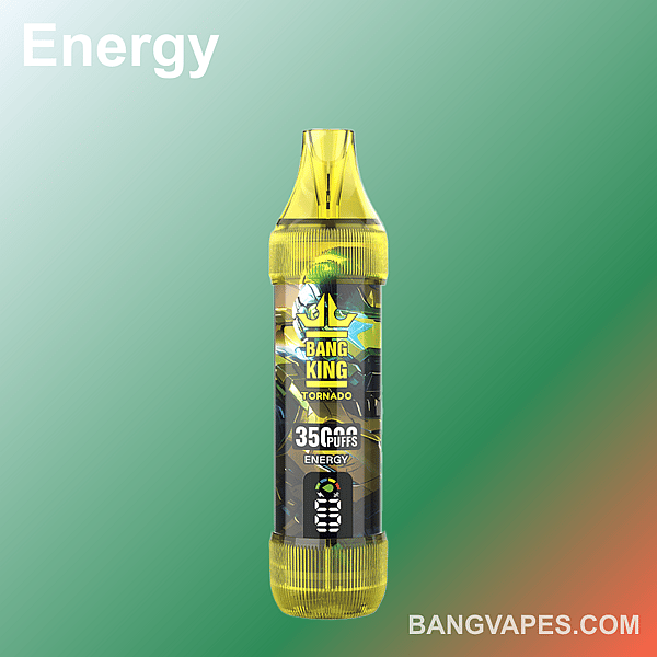 「Energy」というラベルが付いた、35,000 パフの Bang King Tornado 使い捨てベイプ。黄色のデザインと緑の背景が特徴で、「BANGVAPES.COM」のブランドが付いています。