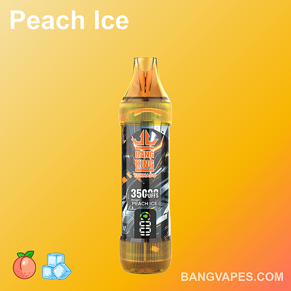 Bang King Tornado というブランドの、ピーチ アイス フレーバーの vape デバイス。35,000 回の吸引が可能で、黄色のグラデーションの背景に桃と氷のアイコンが表示されています。