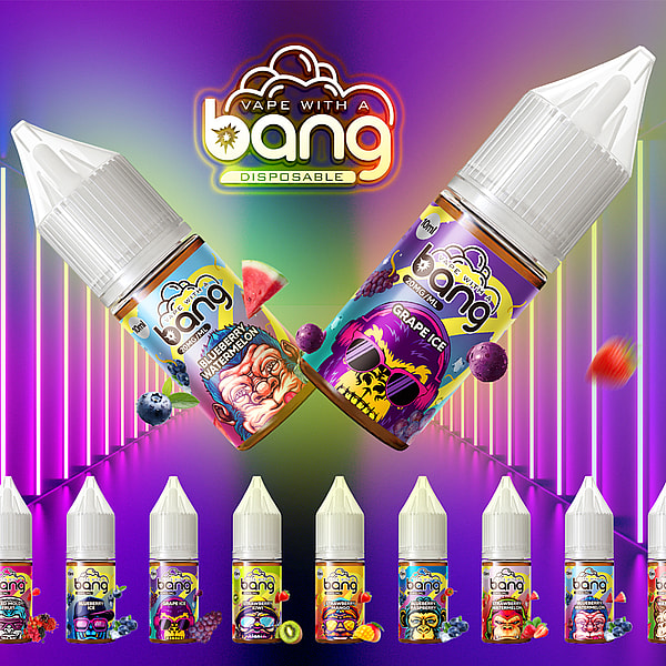 ブルーベリー・スイカやグレープアイスなど、鮮やかなフルーツをテーマにしたフレーバーの「Bang Disposable」ラベル付きベイプ製品をフィーチャーしたカラフルなプロモーション画像。ネオンライトとフルーツのイラストが描かれた明るいグラデーションの背景。