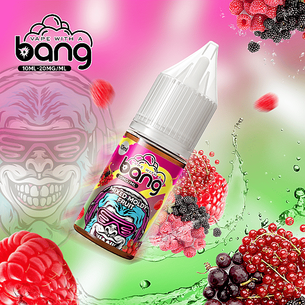 A vibrant e-liquid bottle labeled "Bang Mixed Melody Fruit" surrounded by splashes of juice and an assortment of berries, featuring a colorful gorilla logo in the background.