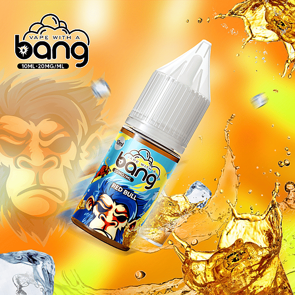 A vape juice bottle with a gorilla graphic, labeled "bang" and "Red Bull," set against a bright orange background with splashes of liquid and ice cubes.