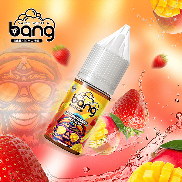 Strawberry mango flavored vape juice bottle with vibrant fruit graphics and splashes of liquid on an orange background.