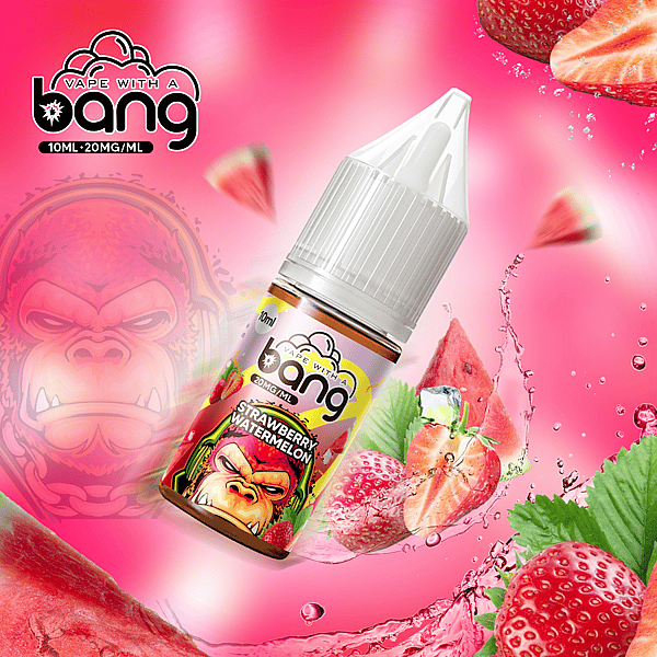 A bottle of strawberry watermelon vape juice with vibrant branding, surrounded by strawberries, watermelon slices, and splashes of liquid, featuring a stylized gorilla face in the background.
