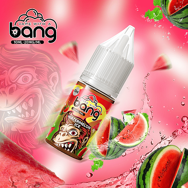 Watermelon-flavored vape juice bottle with vibrant red and green design, featuring a monkey illustration and watermelon slices in the background.