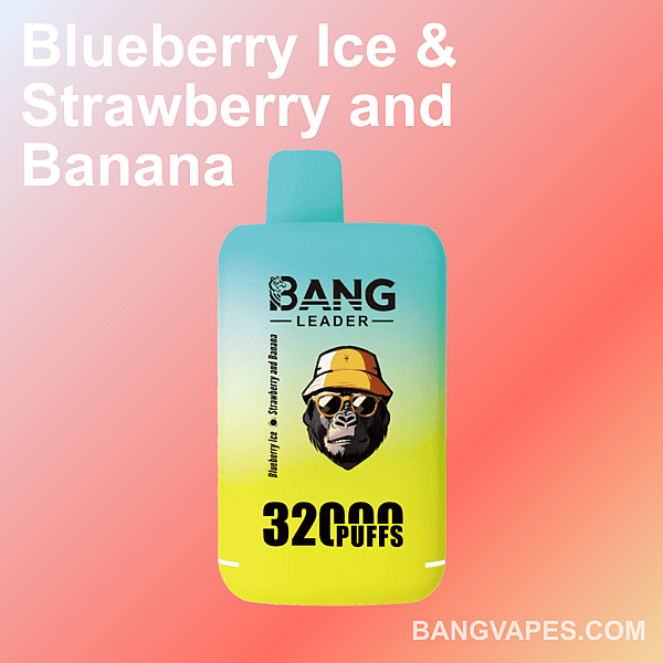 Una imagen promocional del dispositivo de vapeo Bang Leader con un diseño degradado, que muestra los sabores Blueberry Ice, Strawberry y Banana, con el texto '32,000 Puffs' resaltado.