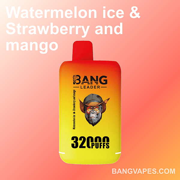 Promotional image of a Bang Leader vape device with the flavor description 'Watermelon Ice, Strawberry and Mango', 32000 puffs capacity, displayed against a gradient orange-pink background.