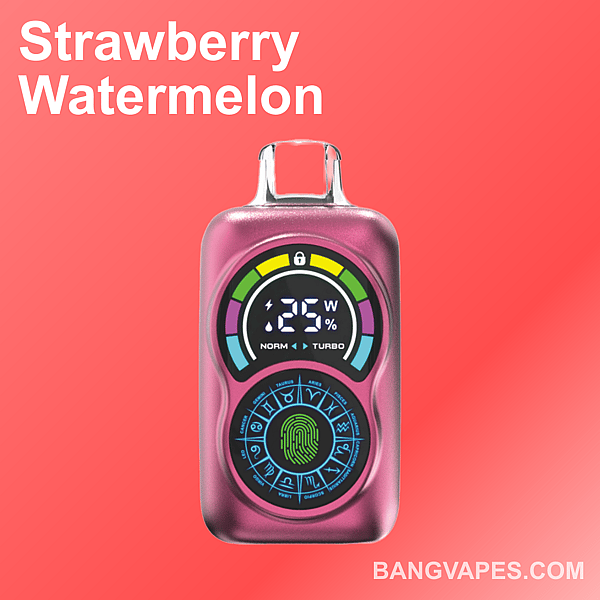 Różowe urządzenie do waporyzacji z wyświetlaczem cyfrowym pokazującym „25 W” na gradientowym czerwonym tle, opisane „Strawberry Watermelon” i ozdobione symbolami astrologicznymi.