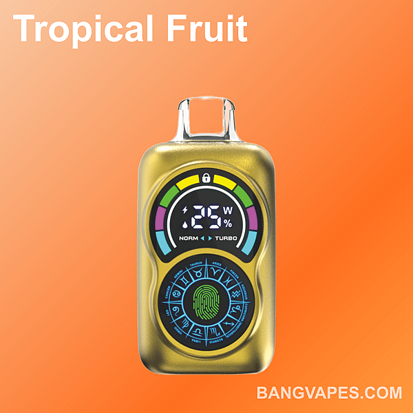 Nowoczesne złote urządzenie do waporyzacji z wyświetlaczem cyfrowym pokazującym moc 25 W i ozdobnymi symbolami zodiaku na pomarańczowym tle z napisem „Tropical Fruit” powyżej.