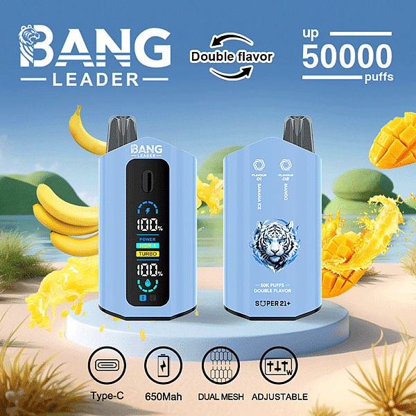 Promotional image of a Bang Leader vaping device, featuring a light blue unit with a tiger emblem, dual flavor capability, and specifications such as 50,000 puffs, 650mAh battery, dual mesh, and adjustable settings, surrounded by illustrations of bananas and mangoes.
